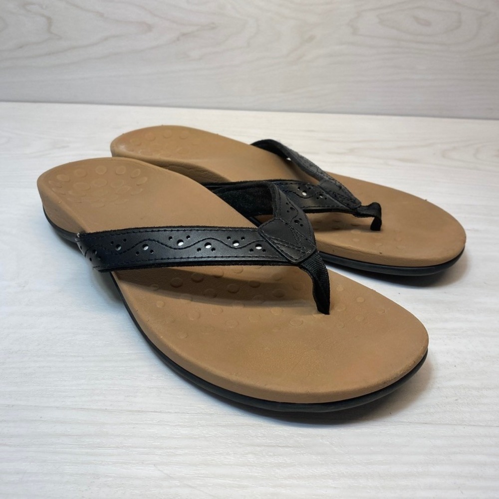 Vionic Womens 11 Aliza Thong Sandals Orthotic Black Tan Comfort Flip Flops
